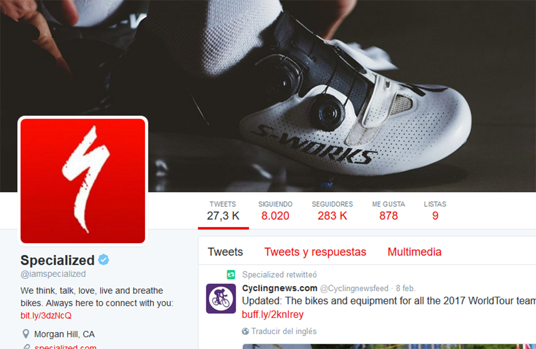Specialized lidera el ranking de marcas de bicicletas con más seguidores en Twitter
